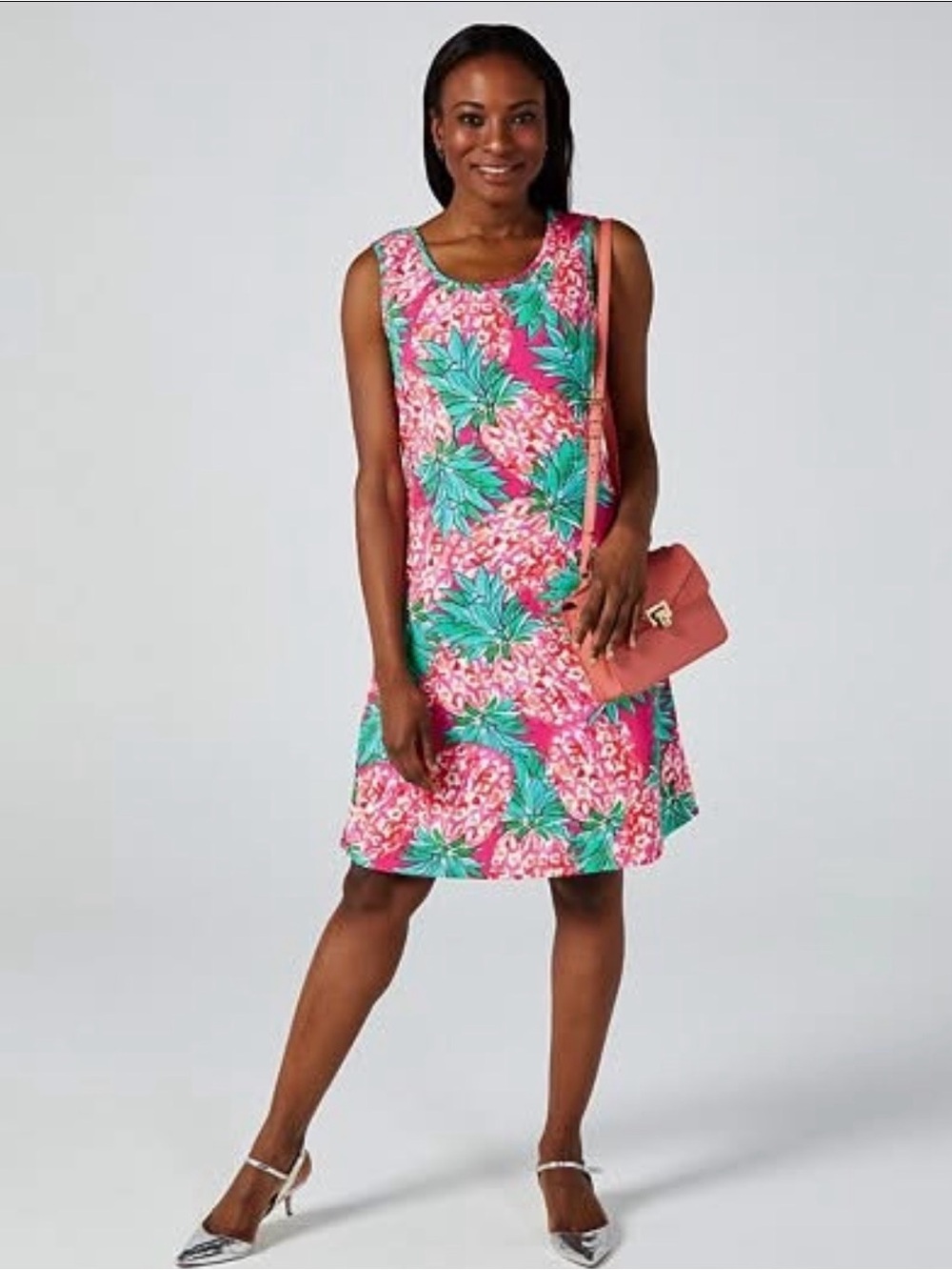 Ronni Nicole Sleeveless Shift Dress Vibrant Tropical Pink Pineapple SZ PXL